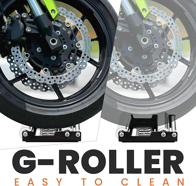 GRAND PITSTOP Motorcycle Roller Wheel Cleaning Stand - Paddock Stand Replacement - Wheel Roller Stand with Ramp Support for tire Cleaning & Chain Lubrication (Black Roller Medium)