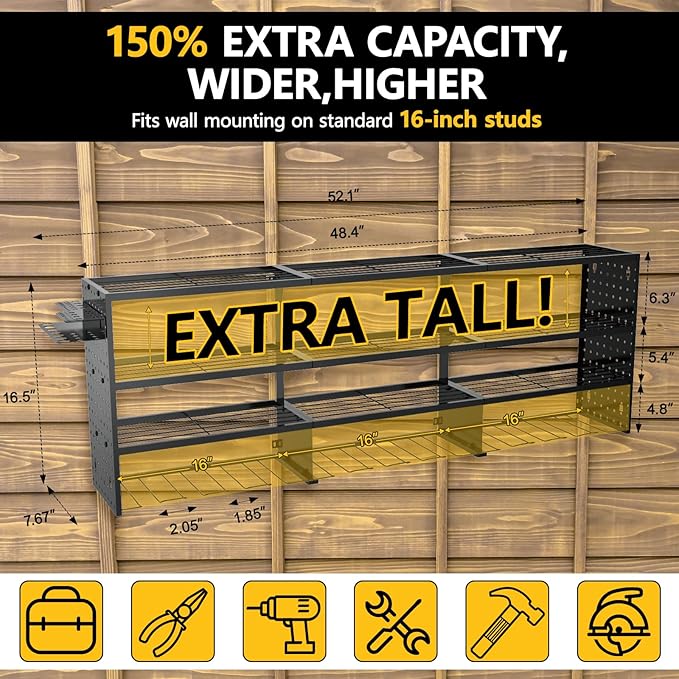 Large Power Tool Organizer Wall Mount, 4 Layer 49" W Heavy Duty Metal Tool Storage Rack with 12 Drill Holder, Utility Racks for Garage Workshop, Ideal Garage Organization Gifts for Men
