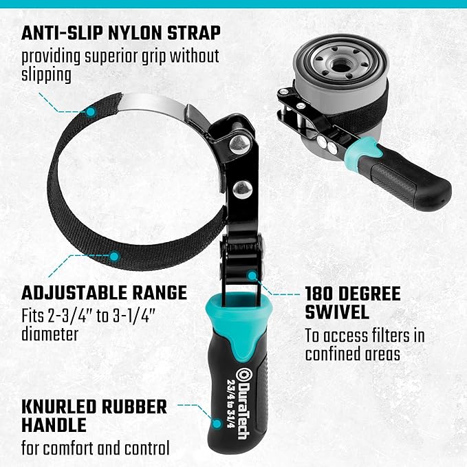 DURATECH Anti-Slip Small Swivel Oil Filter Wrench, Oil Filter Removal Tool Fits Filters 2-3/4" to 3-1/4", Perfect for Car Repair Tools