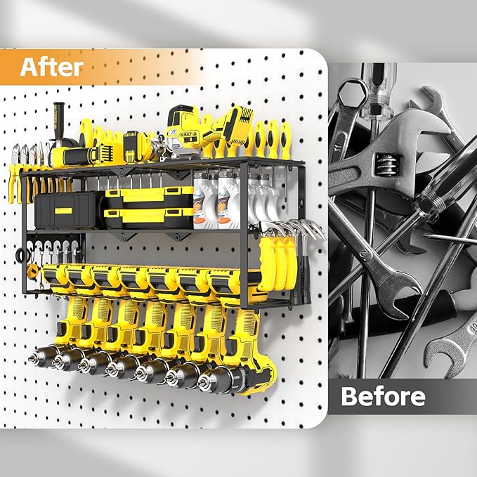 Power Tool Organizer Wall Mount Cordless,15 Min Fast Install Metal Garage Tool Storage Organizer Heavy Duty 3 Layers 7 Drill Power Tool Holder Storage Rack Tool Shelf Wall Mount for Shop Organization