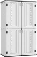 ADDOK Vertical Outdoor Storage Shed with Floor, 54 Cu Ft Outdoor Storage Cabinet with Lockable Double Doors, All-Weather Durable Plastic Construction for Patio, Backyard, Lawn and Garden, White