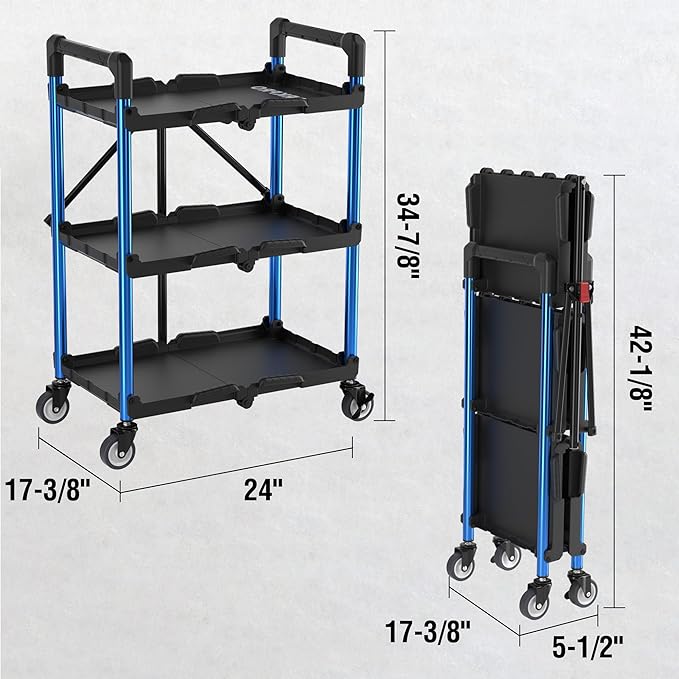 WORKPRO 3-Tier Collapsible Service Cart, 210 LBS Foldable Utility Service Cart with Wheels, Portable Tool Cart for Garage, Warehouse, Home, Restaurant, Office (No Assembly Required)