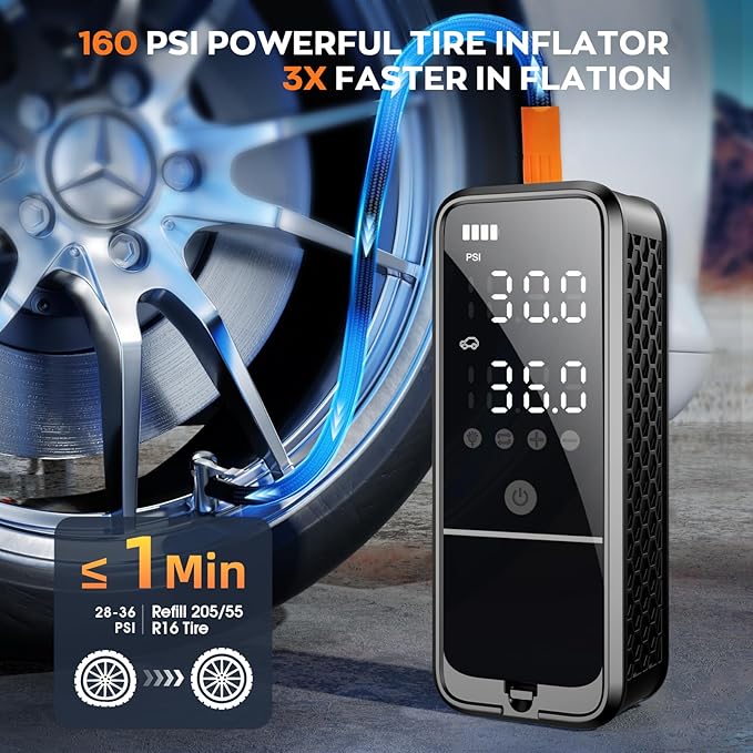 Tire Inflator Portable Air Compressor, 160 PSI Air Pump for Car Tires with Digital Pressure Gauge, Bike Tire Pump with LED Light Portable Tire Inflator for Car, Bike, Motorcycle, Ball
