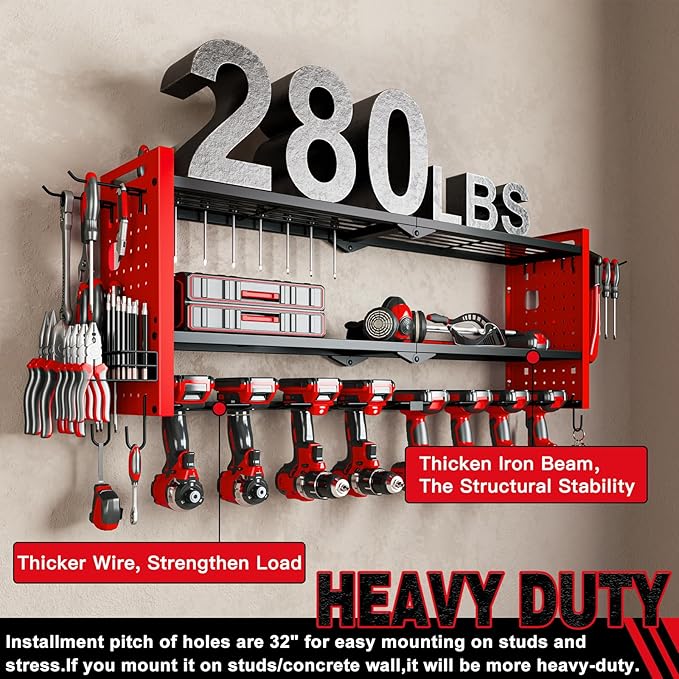 Power Tool Organizer Wall Mount,Cordless Drill Hanger Storage Rack 8 Drill Holder,3 Layers Heavy Duty Power Tool Storage Rackr(Red)