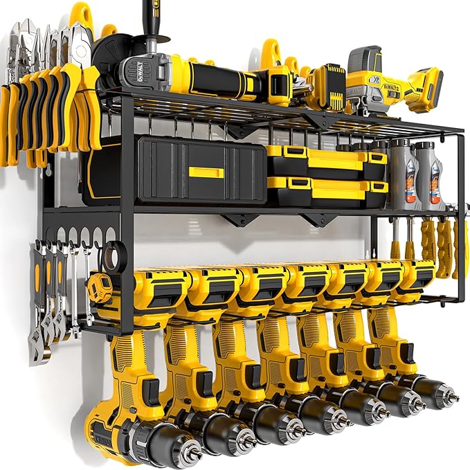 Power Tool Organizer Wall Mount Cordless,15 Min Fast Install Metal Garage Tool Storage Organizer Heavy Duty 3 Layers 7 Drill Power Tool Holder Storage Rack Tool Shelf Wall Mount for Shop Organization