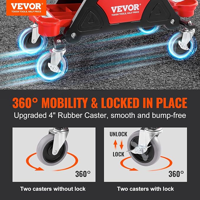 VEVOR Mechanic Stool 300 LBS Capacity Garage Stool Gift for Men, Heavy Duty Rolling Mechanics Seat, with Three Slide Out Tool Trays and Drawer, Tools for Automotive Auto Repair