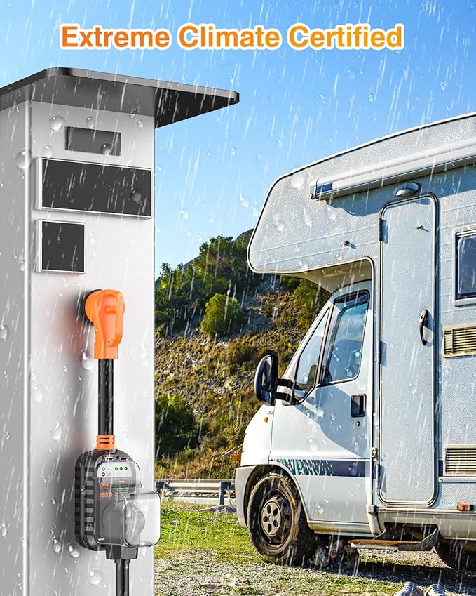 GEARGO RV Surge Protector 50 Amp, Latest 18000J Surge Protection RV Circuit Analyzer, RV Adapter Plug for Camper with Waterpoof Cover, Plug and Play（Orange）