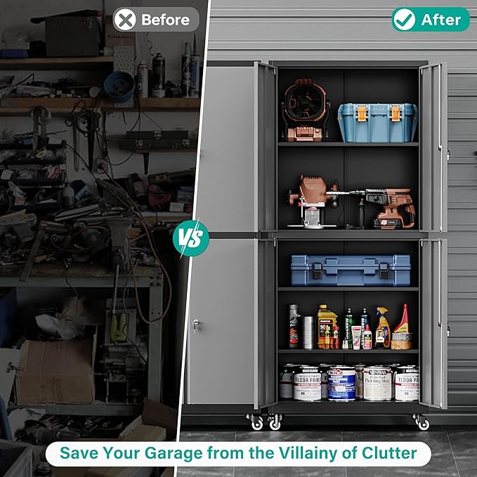 Metal Storage Cabinet with Wheels,Rolling Garage Storage Cabinet with Lock,Gray Lockable Metal Cabinets with Shelves,Tall Tool Cabinets on Wheels for Garage,Home,Office,Shop
