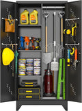 Metal Garage Storage Cabinet, Kitchen Pantry with Doors and Shelves, Broom Organizer Storage Tool Racks,Cleaning Cabinet with Stainless Steel Leak (H71* D16.53*L31.5in)