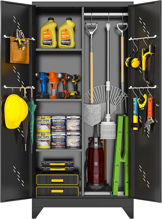 Metal Garage Storage Cabinet, Kitchen Pantry with Doors and Shelves, Broom Organizer Storage Tool Racks,Cleaning Cabinet with Stainless Steel Leak (H71* D16.53*L31.5in)