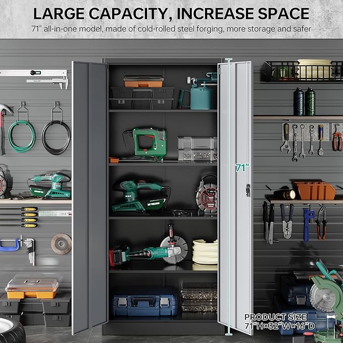 SISESOL Metal Storage Cabinet with 2 Doors and 6 Shelves,Gray Metal Cabinet with Lock,71" Lockable Garage Storage Cabinets,Locking Steel Cabinets for Home,Office,Garage,School