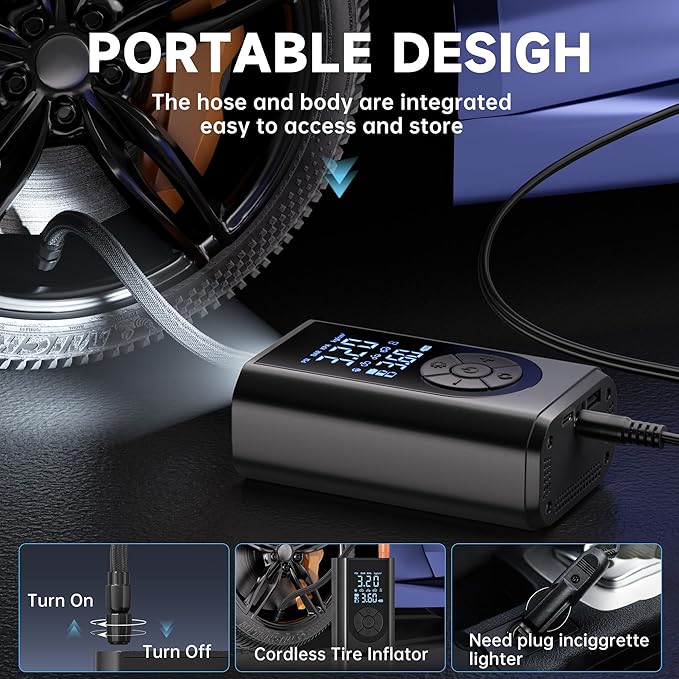 Tire Inflator Portable Air Compressor, 150 PSI Air Pump for Car Tires with Digital Pressure Gauge, LED Light and Auto Shut-Off Function, Portable Air Inflator for Car/Motorcycle/Bike/Balls and More