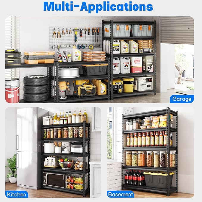 48" W Garage Shelving Heavy Duty，2500LBS Loads Adjustable Garage Storage Shelves, 5-Tier Metal Shelving Units and Storage Racks Heavy Duty, 48”W x 18”D x 78”H，Black…