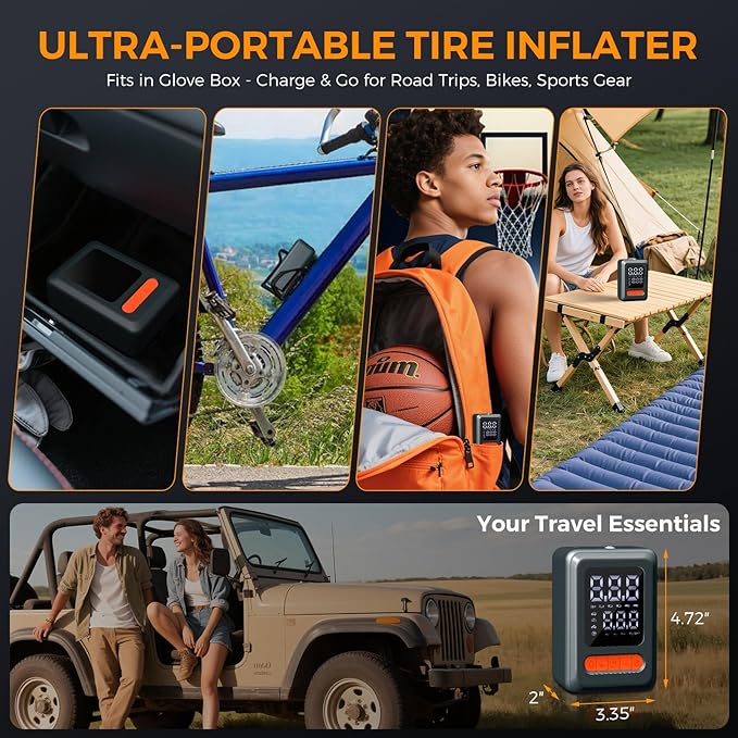 Tire Inflator Portable Air Compressor, 150 PSI Cordless Mini Bike Tire Pump, Air Pump for Auto, Motorcycle, Bicycle, Balls with Pressure Gauge&LED Light, Grey, Medium
