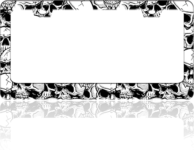 Skull License Plate Frame Black White Skeleton Stainless Steel License Plate Holder for Front or Rear Car Tags Funny for Car Decoration Accessories with Screws 6.3 X 12.2 in for Women Men