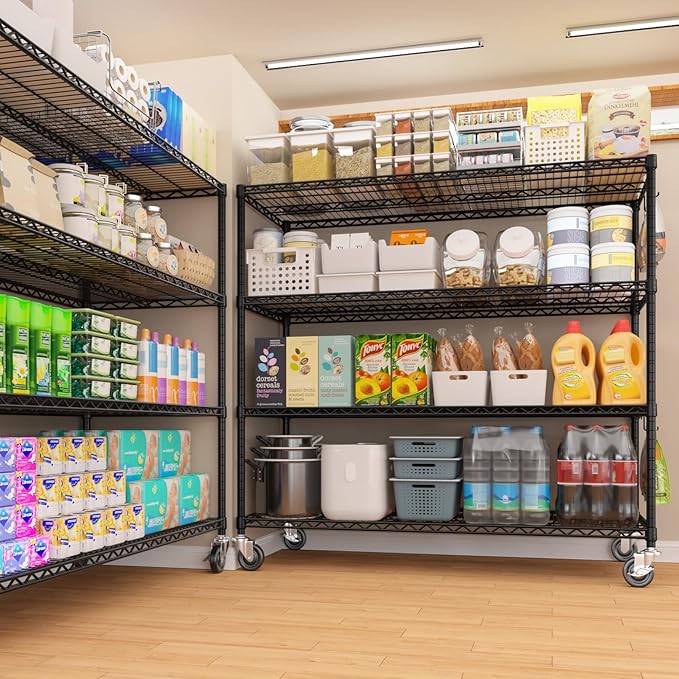 PrimeZone 5 Packs 55.5" W x 24" D x 80" H Heavy Duty Wire Storage Shelves with Wheels, 4 Tier Adjustable NSF Certified Garage Shelving Unit, Rolling Metal Organizer Shelf Rack for Warehouse, Pantry