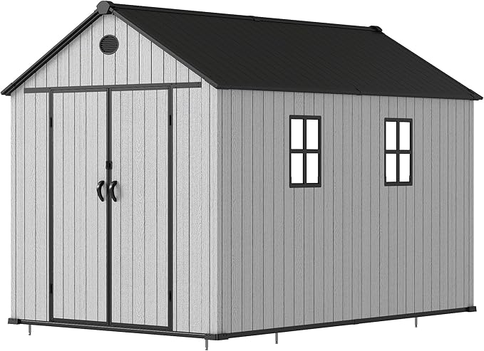 7.3x11.2 FT Resin Outdoor Storage Shed Large, 566 Cuft Garden Tool Sheds & Outdoor Storage Plastic Shed with Floor, 8FT Tall Backyard Lawn Mower Storage Shed with Side Window, Cemented Grey
