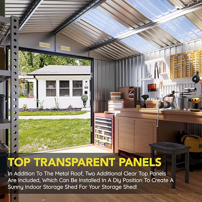 10x12 FT Outdoor Metal Storage Shed with Floor Frame, Double Swing Doors, 2 Clear Windows, Replaceable Skylight Roof Panel, Tool Shed for Garden, Patio, Backyard