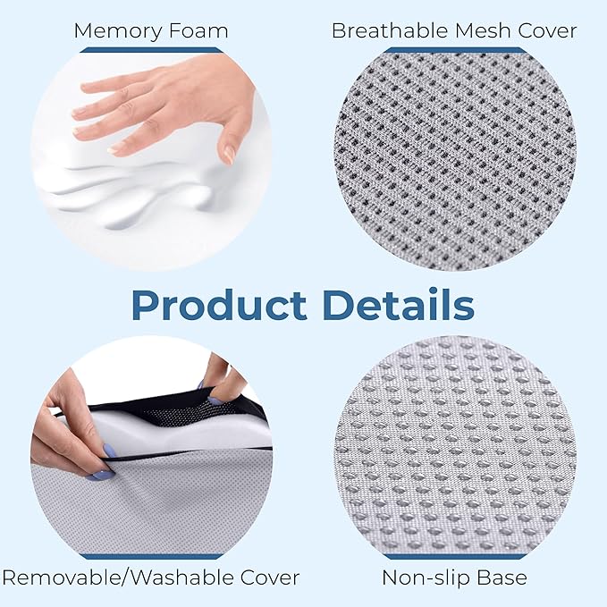 5 STARS UNITED Seat Cushion for Tailbone Pain Relief – Large Memory Foam Lifting Pillow for Coccyx, Hip, Sciatica & Post-Surgery Recovery – Wheelchair, Car, Desk, Gaming & Office Chairs, Light Gray