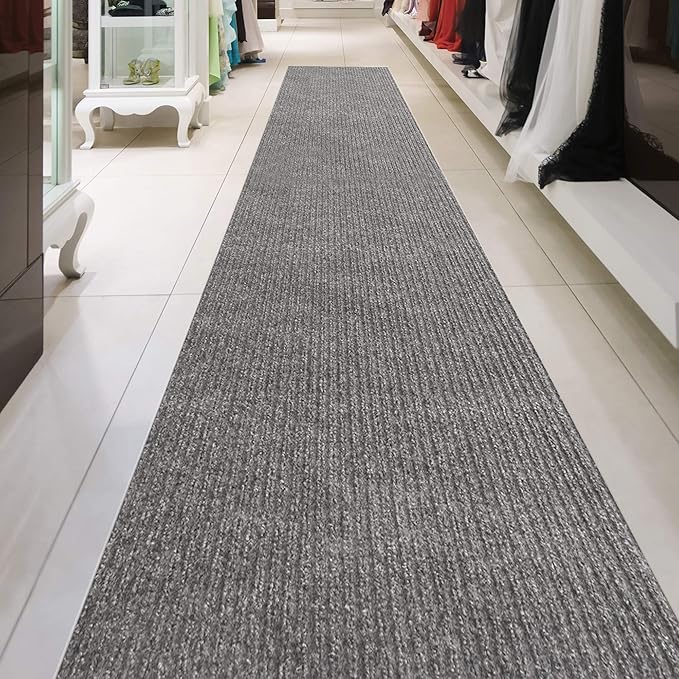 iCustomRug Spartan Weather Warrior Indoor/Outdoor Utility Ribbed Carpet Runner with Non-Slip Thermoplastic Rubber Backing, 3ft X 64ft in Grey
