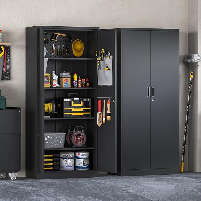 Washemba 71" Metal Garage Storage Cabinet, 2 Locked Doors and 5 Adjustable Shelves, can be Used for Storing Tools, consumables, Books, etc., for Office, Home, Garage, Gym, School (Black)