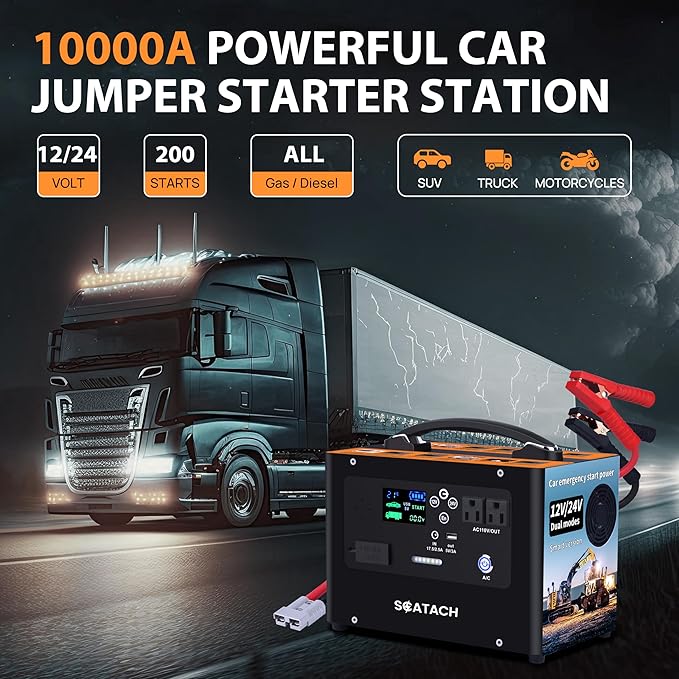 Scatach 10000A Jump Starter, 24V 400W Inverter Battery Jumper Starter Power Station for All Gas or Diesel Engines, 155Wh Heavy Duty Truck Jump Starters Portable Power Bank for Outdoors Camping Travel
