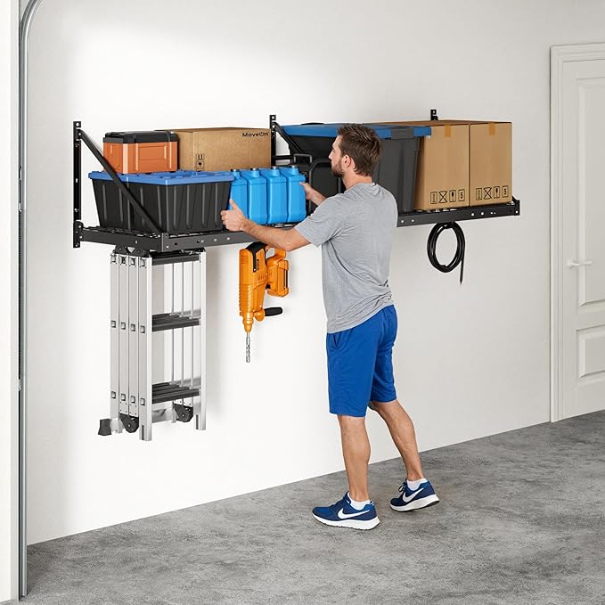 FLEXIMOUNTS 2-Pack 2x4ft Garage Wall Shelving with 4 Hooks - Heavy Duty Garage Storage System, 440 lbs Load Capacity with Brace Guardrail, Wall Mounted Organization for Bikes, Tools, Bins