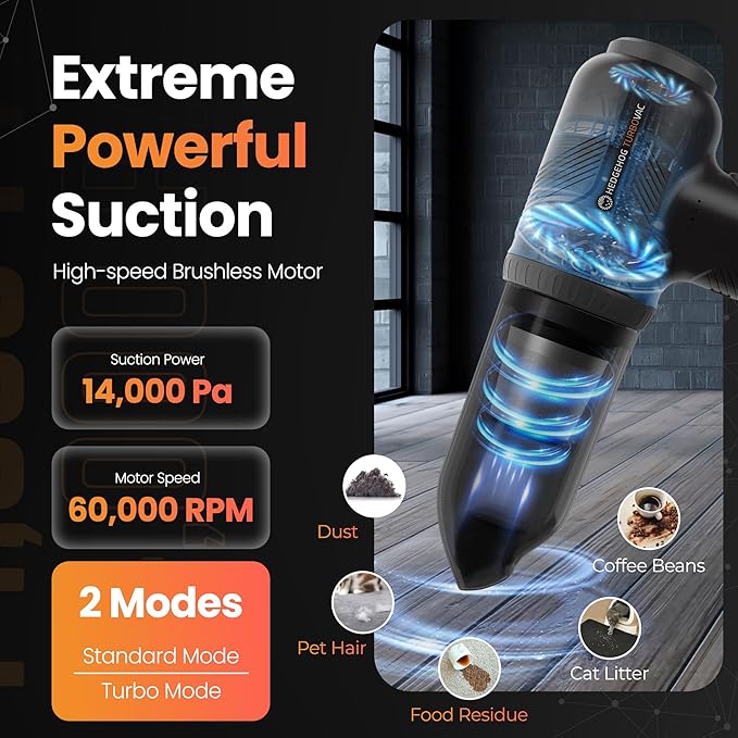 Hedgehog TurboVAC 3 in 1 Portable Car Vacuum Cleaner, Blower & Air Pump - Hand Held Vacuum Cleaner for Car with USB C Rechargeable, 14000PA Powerful Suction, Lightweight Dust Buster for Home & Outdoor
