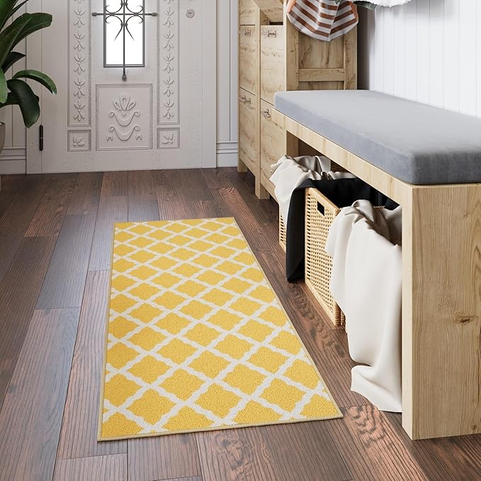 Ottomanson Hallway Runner Rug 20" x 59" Non Slip Trellis Area Rugs Easy to Clean Laundry Rug Runner Durable & Pet Friendly Floor Carpet Runners for Hallways Entryway Living Room Kitchen, Yellow