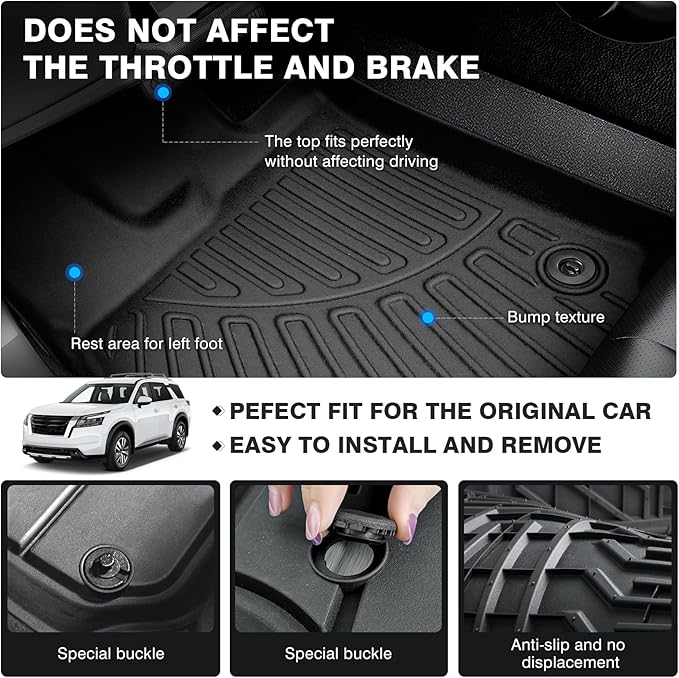 Powerty Floor Mats for 2023-2025 Nissan Pathfinder 7 Seats Accessories All Weather Floor Liners 3D TPE Floor Mat Heavy-Duty Floor Liners