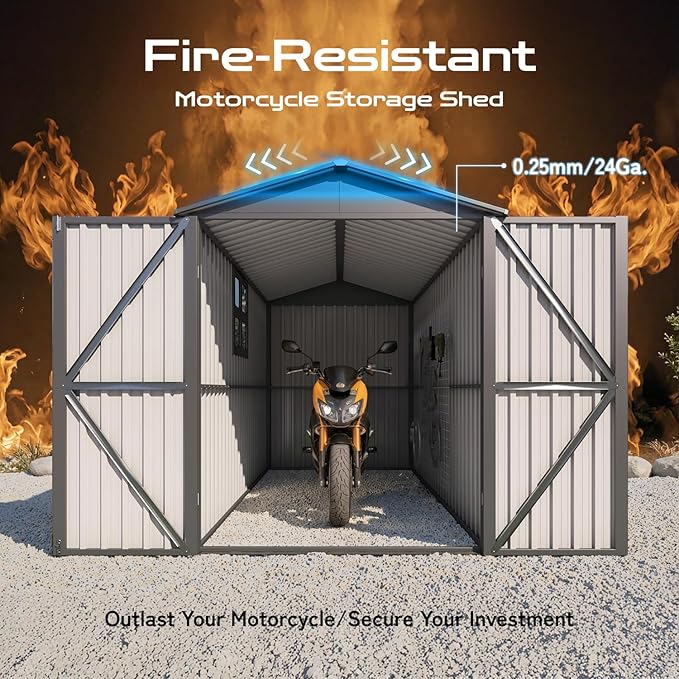 5’ x 10’ Motorcycle Storage Sheds, Metal Shelter & Garage with Windows and Lockable Door Handle, Heavy Duty Vehicle Shed for All Weather, Anthracite