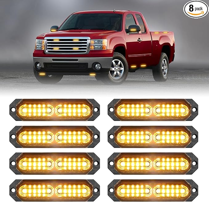 HLauto 1200T Emergency Strobe Grille Lights: 8pcs 12 LED Sync Feature Safety Warning Flashing Lights, Ultra Slim Surface Mount Hazard Caution Lights for Trucks, Vehicles, Car, ATV, UTV (Amber)