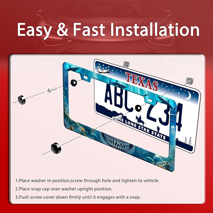 Shark License Plate Frame Ocean Marine Fish License Plate Holder Funny Stainless Steel Accessories Cars Decor with 2 Holes and Screws Fits Standard Us Ca Vehicles License Plate Frames 12.2 X 6 Inch
