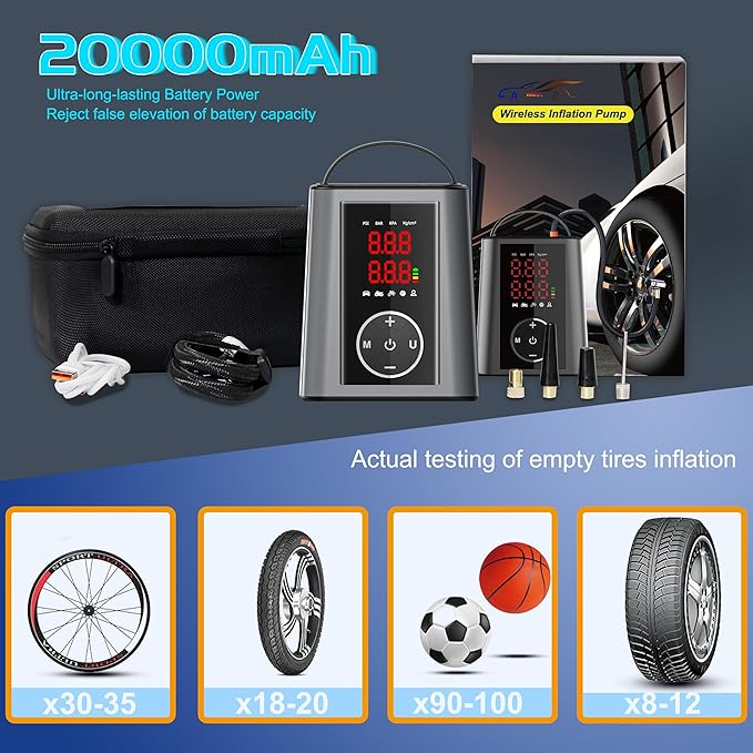 Amooca Tire Inflator Smart Fast Auto Tire Inflation 150 PSI 20000mAh Cordless Air Pump with Emergency Light for Outdoor SUV Car Motorcycle Bike Ball