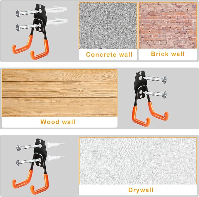 KURUI Heavy Duty Wall Hook for Hanging, 2 Pack Garage Tool Organizer Wall Mount, Metal Garage Storage Hooks for Ladder,Extension,Garden Tool, Small Utility Hook, Hose Holder for Outdoor and Indoors