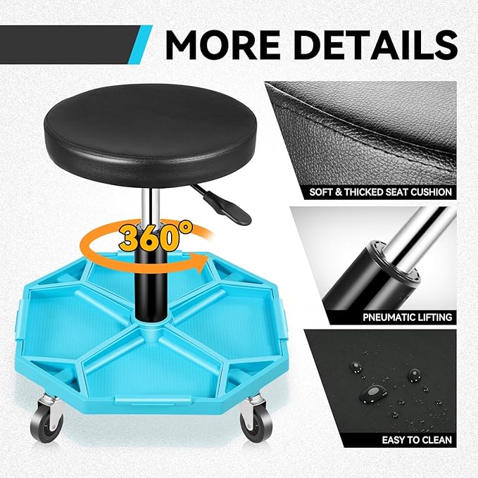 Auto Dynasty Mechanic Stool, Adjustable Rolling Pneumatic Creeper Garage Shop Seat with Tool Tray, 300 LBS Roller Seat for Workshop Auto Repair, Adjustable Height 15.7" to 21", Black/Blue