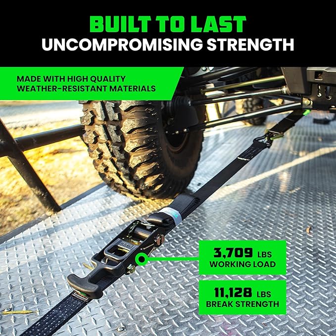 Rhino USA Car Tie Down Straps for Trailers with J Hooks (4-Pack) – 2" x8' (10,000lb Break Strength) – Heavy Duty Car Hauler Tire Straps with Axle Straps for UTV, Powersports & More – Black