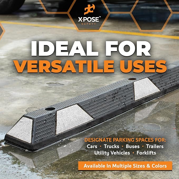 Xpose Safety 72" Heavy Duty Rubber Parking Stopper – Bulk 2 Full Pallets 100 Pack Wheel Blocks for Garage, Driveway, or Ramp – Car Bumper Stop with White Reflective Strips – Removable Floor Mount