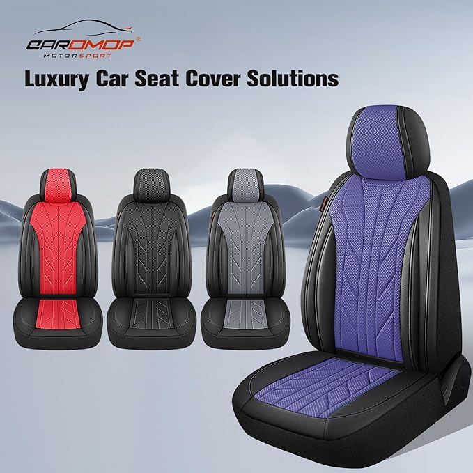 CAROMOP Luxury Faux Leather&Fabric Car Seat Covers 2 Front Seats with Breathable 3D Foam Back Support, Universal Seat Covers for Cars,Trucks,SUVs, Front Armrests Compatible(Black/Blue)
