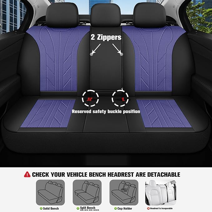 CAROMOP Luxury Faux Leather&Fabric Car Seat Covers Full Set with Breathable 3D Foam Back Support,Universal Comfortable Seat Covers for Cars,Trucks,SUVs, Front Armrests Compatible(5-Seat Black/Blue)