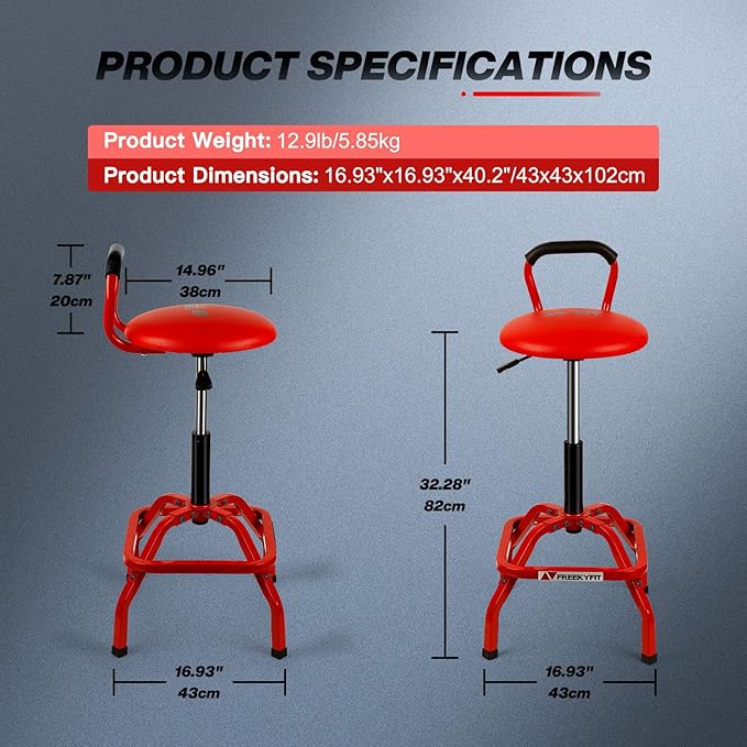 Garage Stool, Adjustable Height Swivel Work Mechanic Shop Stool with Backrest, Pneumatic Shop Chair for Home, Workshop, 300 LBS Capacity, 360° Rotation, Heavy Duty, Red