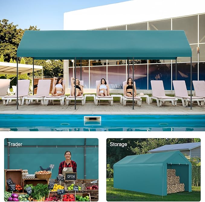 Carport 10x20 Heavy Duty Portable Garage w/Removable Sidewalls & Roll-Up Door Car Canopy Party Tents Waterproof UV Resistant All Weather Car Port for Trucks,Boats(Green)