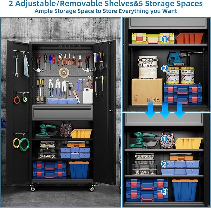 71" H Metal Garage Storage Cabinet with Locking Doors and 2 Adjustable Shelves, Rolling Tool Storage Cabinet with Wheels, Drawer, Pegboard and 16 Hooks for Garage, Warehouse, Black