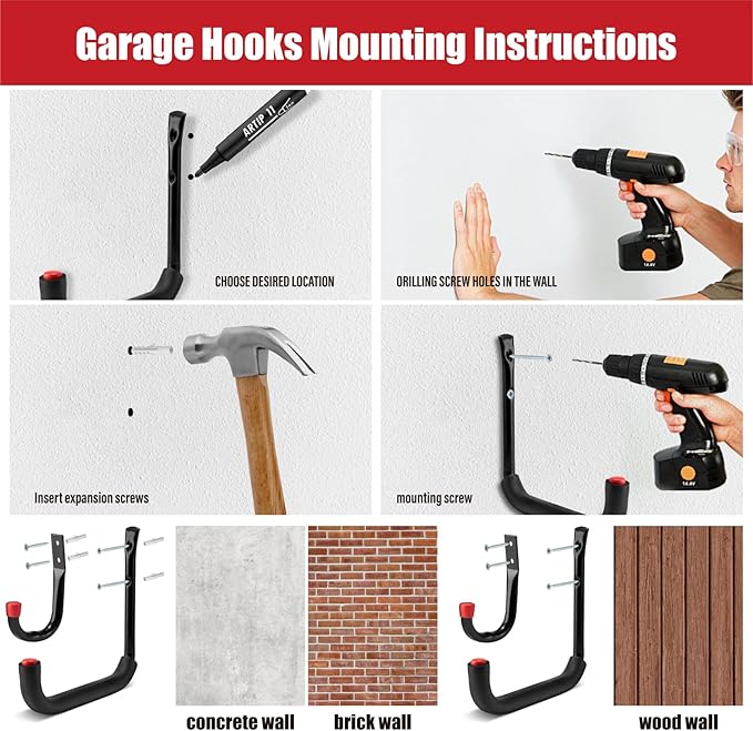 Sinoer 12 Pack Garage Hooks，9.8" & 3.5" Utility Storage Hook with EVA Pads，Metal Wall Hangers for Bike, Extension Cord,Folding Chairs Backpack Bag and Hanging Ladders