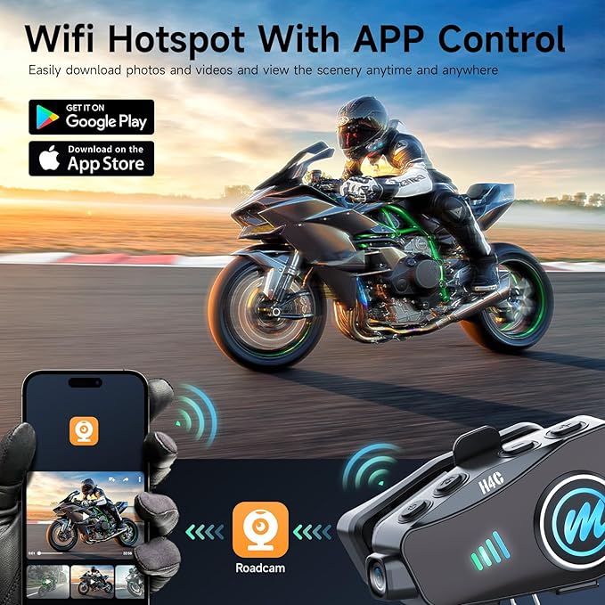 Motorcycle Helmet Headset with Camera, Moman H4C with 【1080P Camera】120° Wide Angle 360° Shooting Single Use Motorbike Headphone Speaker with 32G TF-Card HiFi Stereo AI Voice Assitant IPX6 Waterproof