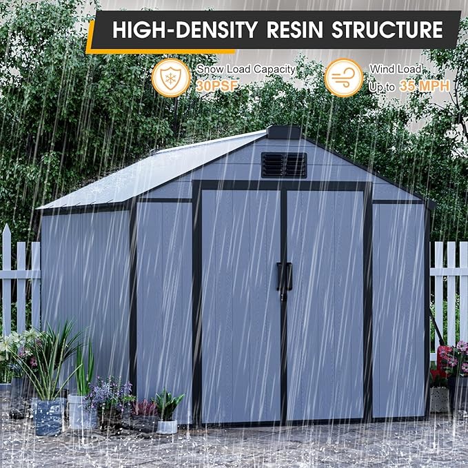 8 x 10 FT Plastic Tool Shed, All-Weather Outdoor Garden Tool Shed with Floor, Lockable Doors & Windows, Resin Storage Shed for Patio, Poolside, Backyard