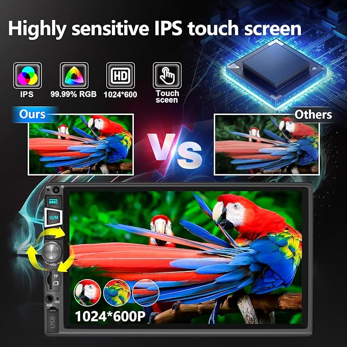 Double Din Car Stereo Compatible with Wireless Carplay&Android Auto&Mirror Link,7 Inch HD 1024 * 600 Touchscreen with Bluetooth 5.2,Backup Camera Input,Voice Control,USB/AUX/TF/SWC/MIC,AM/FM Radio