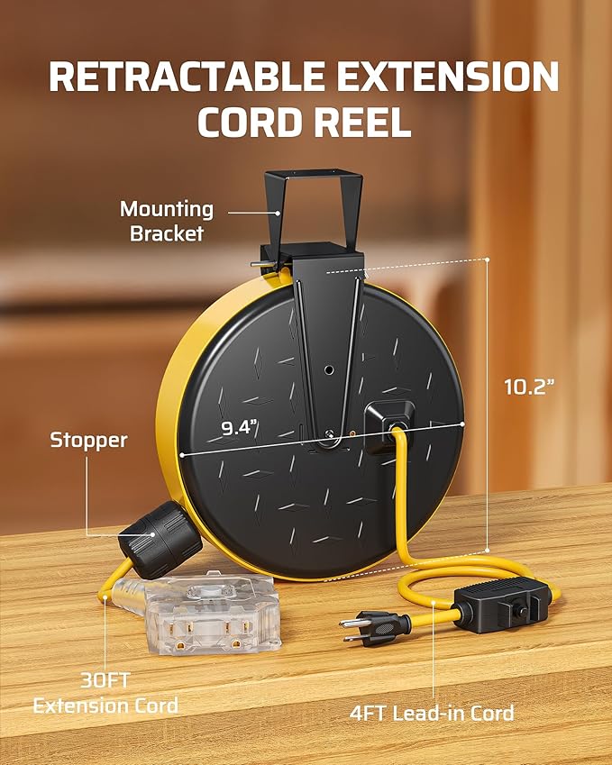 DEWENWILS 30 Ft Retractable Extension Cord Reel, Ceiling/Wall Mount 16/3 Gauge SJTW Power Cord with 6 Grounded Outlets, Twist-Lock Stopper, 10 Amp Circuit Breaker, Metal Covering, UL Listed