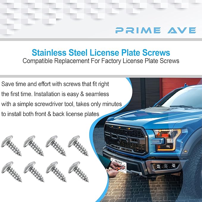 Stainless Steel License Plate Screws for License Plates, Frames, Covers - Durable & Rust Proof Licence Plate Screw Set for Front/Rear - Compatible with Ford Lincoln (Pack of 8)
