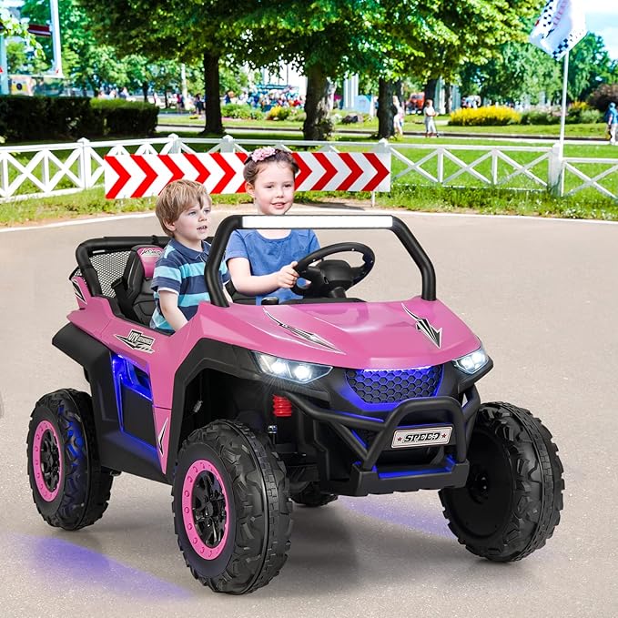 Costzon 2-Seater Ride on Car for Kids, 12V Kid' Electric Vehicles w/Remote Control, 4 Shock Absorbers, Wireless Music & FM, 3 Speeds, Ambiance Lights, Electric UTV, Kids Car for Boys Girls (Pink)